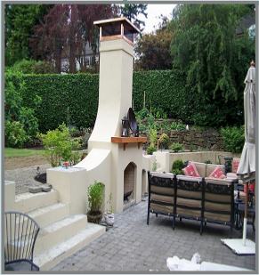 outdoorfireplace and mantel with wood areas.